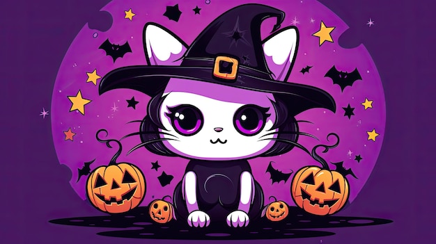 Foto 2d-illustration einer niedlichen katze, die hexenhüte für halloween trägt