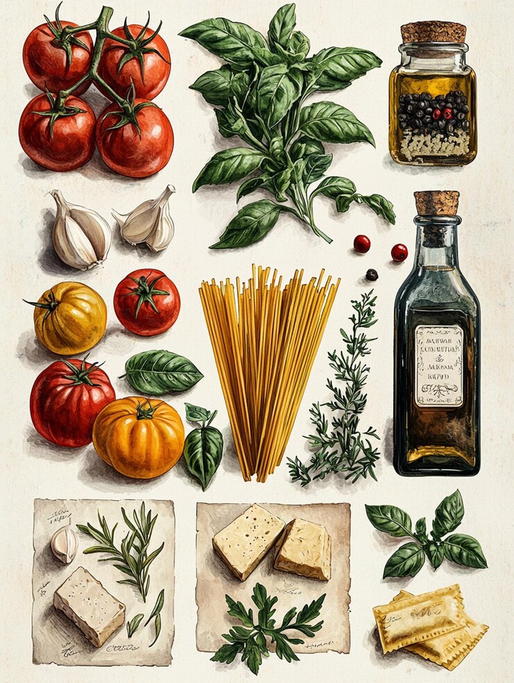 2D-illustrierte Collage im Vintage-Stil mit klassischen italienischen Zutaten, die so angeordnet sind, als ob sie in einem