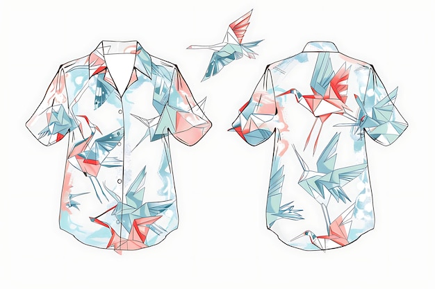 2D-Kleidung-Hemd mit Origami-Kranmustern auf Rücken und Ärmel Mode-Konzept-Idee-Kunstdesign