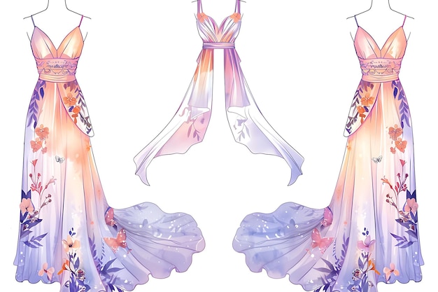 2D-Kleidung Maxi-Kleid mit einem Schmetterlingsform-Ausschnitt auf dem Sid Mode-Konzept-Idee-Kunstdesign