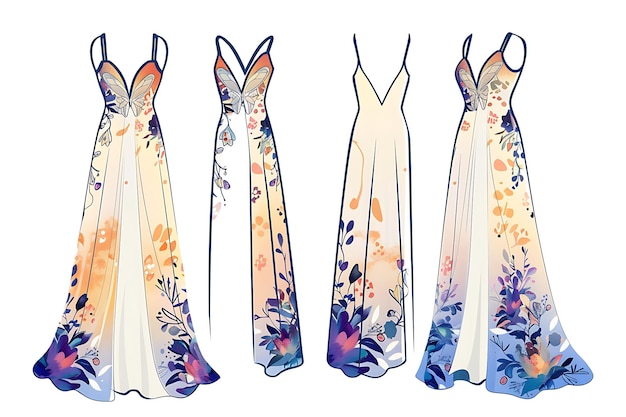 2D-Kleidung Maxi-Kleid mit einem Schmetterlingsform-Ausschnitt auf dem Sid Mode-Konzept-Idee-Kunstdesign