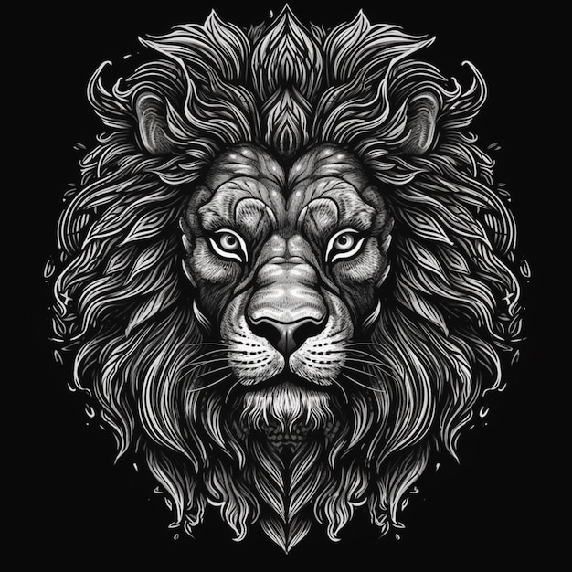 2D Löwe schwarz-weißes Maskottchen für T-Shirt-Marke auf schwarzem Hintergrund Generative KI