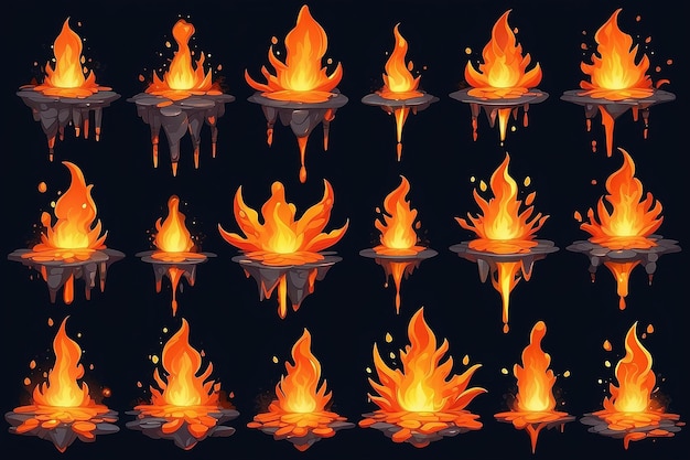 2d mágico líquido volcán charco de lava conjunto vectorial de dibujos animados aislado magma naranja llama movimiento para el infierno en el entorno de juego móvil fundición de metal fundido estallido explosión textura Ui png textura clipart