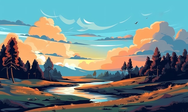 2D Savvana Tageslicht Landschaft Hintergrund Vektor blauer Himmel flacher Vektor Generierte KI