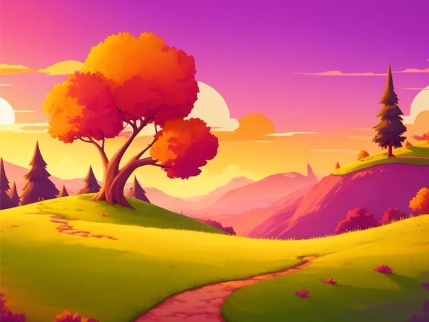 2D-Stil-Cartoon-Hil nur Hügel auf dem weißen Hintergrund bunte Landschaft Landschaft Sonnenuntergang Blick