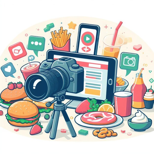 Foto 2d style creator de conteúdo de alimentos com reviewers de vlogging de alimentos de cores simples