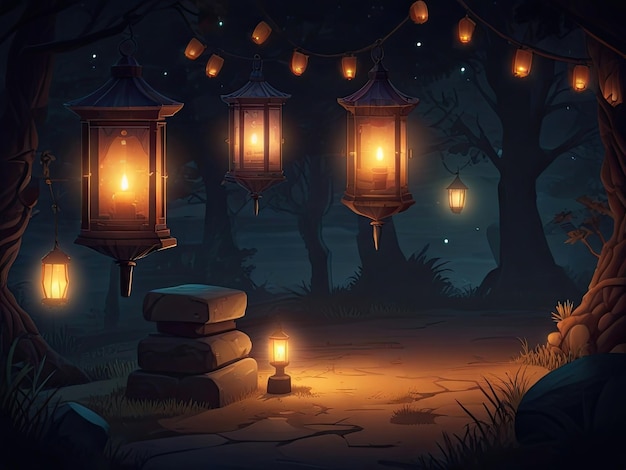 2D-Szene mit Zeichentrickfilmen-Lampen in einem nächtlichen Wald
