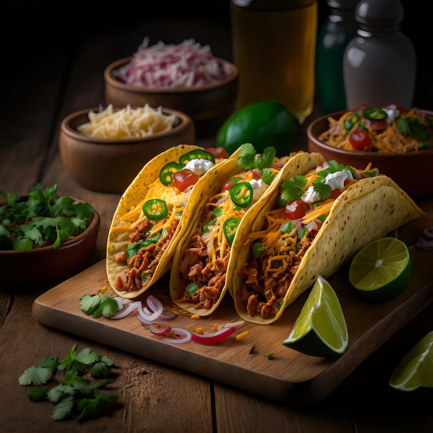 Foto 3 autênticos tacos mexicanos preparados, cada um recheado com suculento frango desfiado