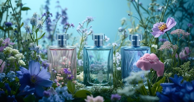 3 botellas de perfume sobre un fondo azul