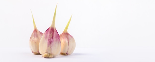 3 cabezas de ajo tierno sobre gris