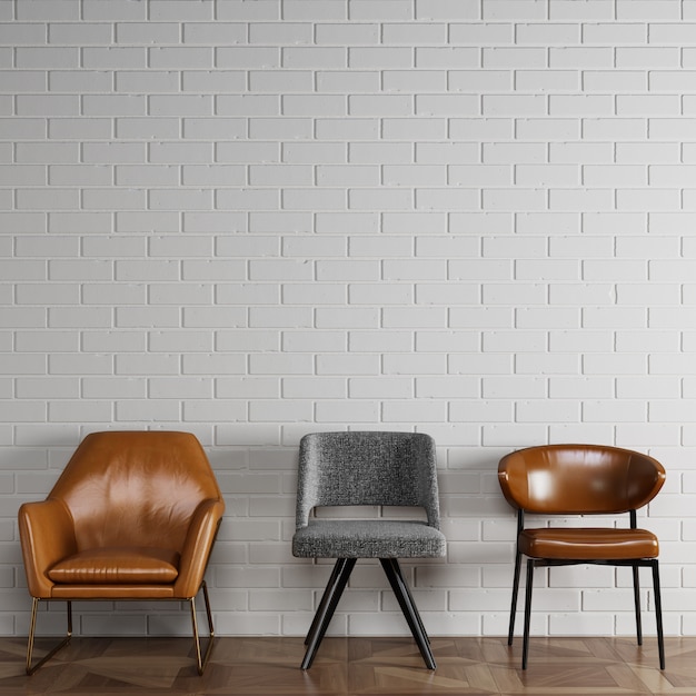 3 cadeiras diferentes em estilo moderno, em frente a parede de tijolos brancos com copyspace