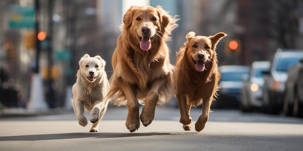 3 cães correm no conceito de rua ai