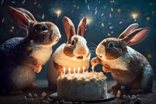 3 coelhinhos engraçados soprando velas em um bolo de aniversário Generative AI