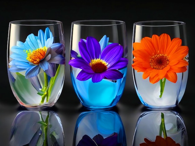3 copos de água com flores de cores diferentes dentro 3d imagem download