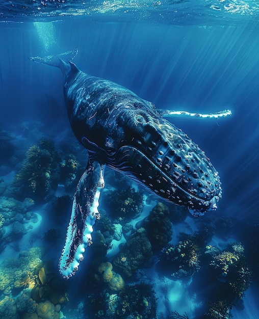 Foto 3 d ilustração de uma baleia gigante no oceano