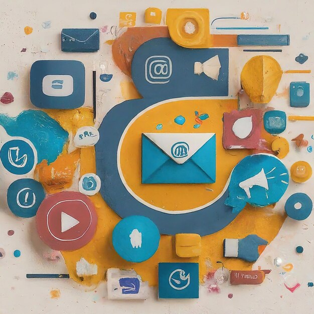 3 d Ilustración de iconos de correo electrónico con iconos en fondo azul