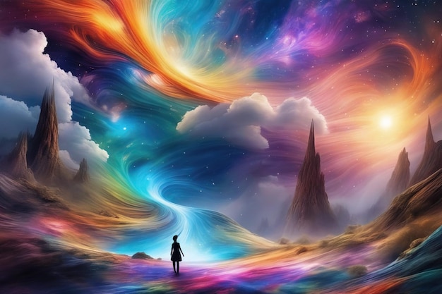 3 d ilustración de un paisaje de fantasía con un arco iris y una mujer 3 d Ilustración de una tierra de fantasía