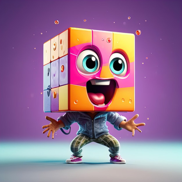 3 d render de un personaje de dibujos animados gracioso con un cubo grande con un número uno