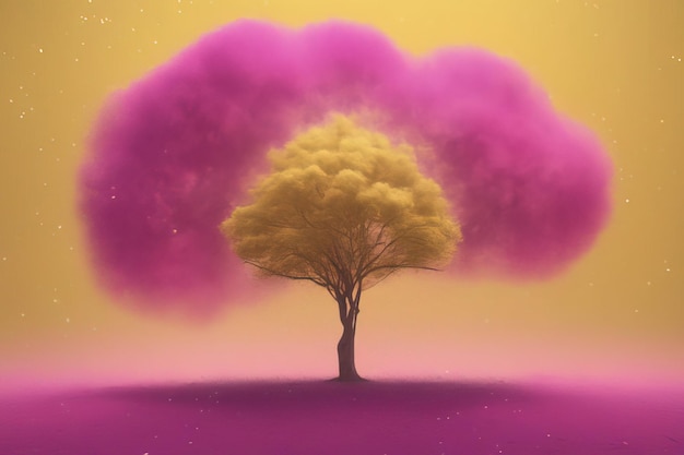 Foto 3 d renderizando uma árvore no meio das árvores uma paisagem de um belo pôr do sol