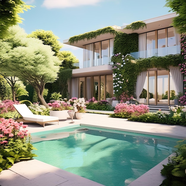 3 d representación de una casa acogedora moderna en el jardín con piscina y piscina para la venta o alquiler