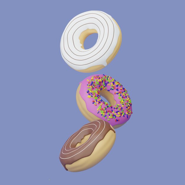 3 Donuts ilustração 3d em fundo azul Donut com esmalte branco rosa e chocolate e colorido