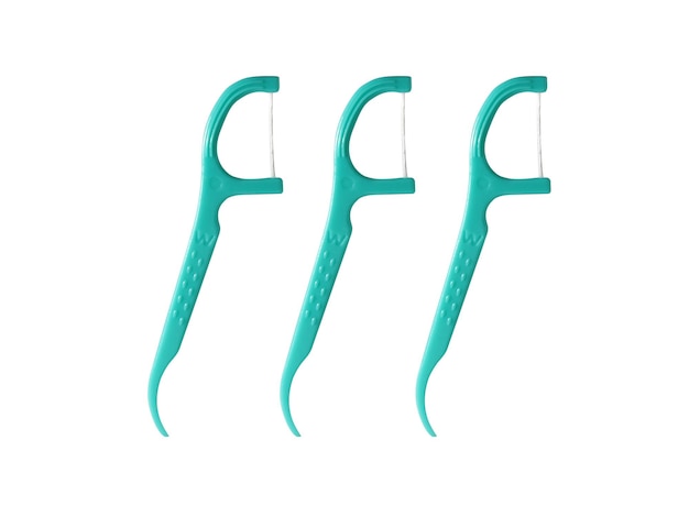 3 escolhas verdes de fio dental (plástico) isoladas em um fundo branco. fio dental com cabo, fácil de usar.