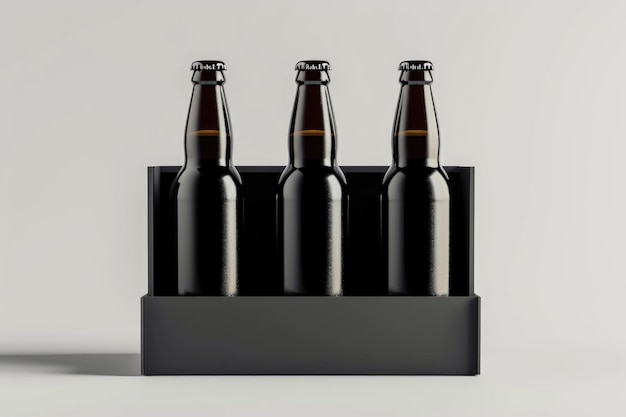 3 garrafas de cerveja de vidro preto isoladas em caixa preta em fundo cinza claro renderização 3D