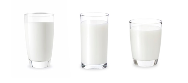 3 Gläser Milch isolieren auf weißem Hintergrund Frische Milch in verschiedenen Gläsern mit Clip-Pfad für die Schnitt Frisches Milchglas für Kinder realistisches Fotobild Mischen Sie drei Gläser Form Milch auf weiß