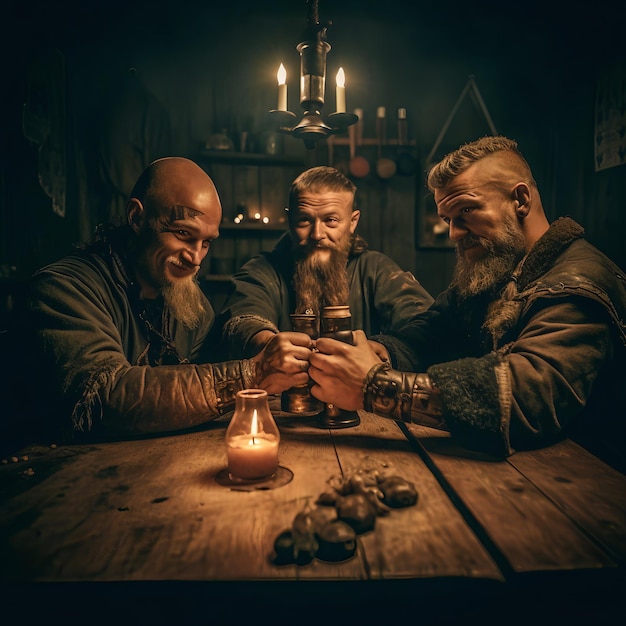 3 guerreiros vikings sentados em uma mesa rústica e erguendo suas canecas para um brinde