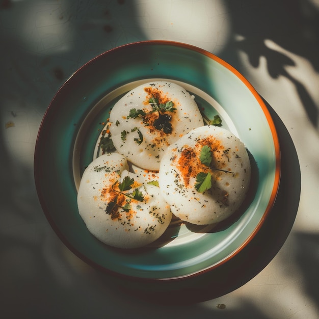 3 Idlis mit einer Garnierung aus Dal-Pulver und Petersilieblättern