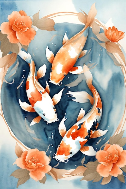 3 Koi, die in einem Kreis schwimmen Träumerische Aquarell-Stil hellblaues Wasser AI_Generated