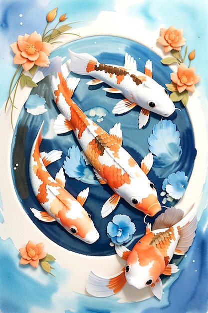 3 Koi nadando em círculo estilo aquarela sonhosa água azul claro AI_Generado