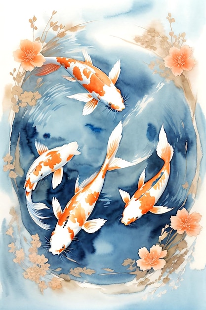 3 Koi nadando em círculo estilo aquarela sonhosa água azul claro AI_Generado