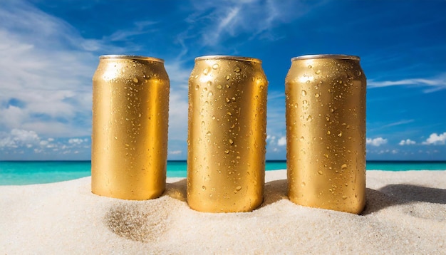 3 latas de aluminio doradas con gotas de condensación en la arena blanca clara en la playa Paquete de bebidas gaseosas de cerveza