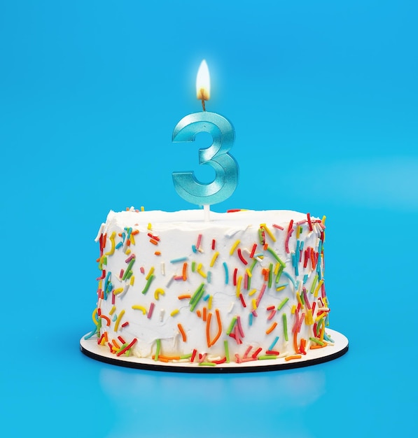 3 luces de velas en forma de feliz pastel de cumpleaños en azul