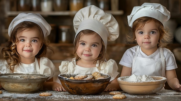 3 Meninas com chapéus de chef com tigelas de comida