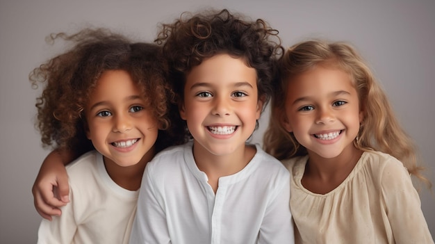 Foto 3 meninas de diferentes cores de pele uma criança confiante posando contra um cenário isolado seu sorriso brilhante e uma camiseta branca clara isolada em um estúdio branco claro