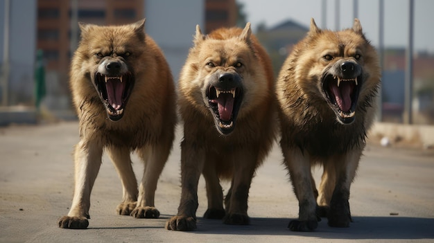 3 perros enojados y agresivos con dientes grandes en la calle