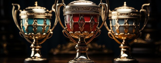 3 troféus de champanhe melhor foto Um grupo de troféus sentados em cima de uma mesa de madeira