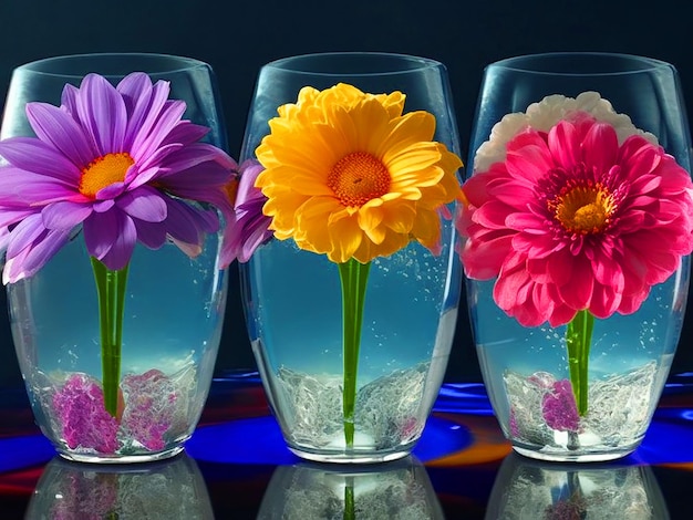 3 vasos de agua con flores de diferentes colores en el interior descarga de imágenes en 3D