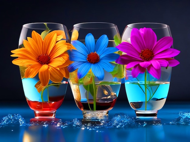 3 vasos de agua con flores de diferentes colores en el interior descarga de imágenes en 3D