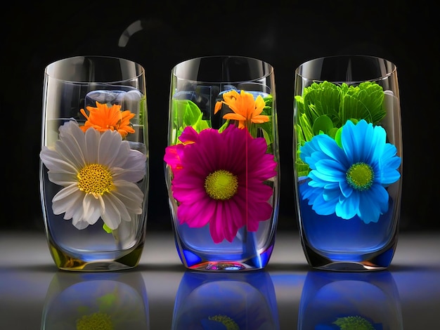 3 vasos de agua con flores de diferentes colores en el interior descarga de imágenes en 3D