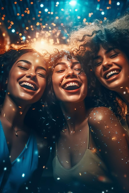 3 wunderschöne Damen lachen und tanzen in einer Diskothek mit einem wunderschönen Gesicht