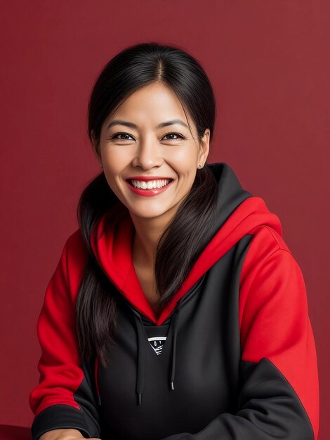 30 años chica de negocios soltera que está sonriendo y riendo capucha roja ropa brillante Foto