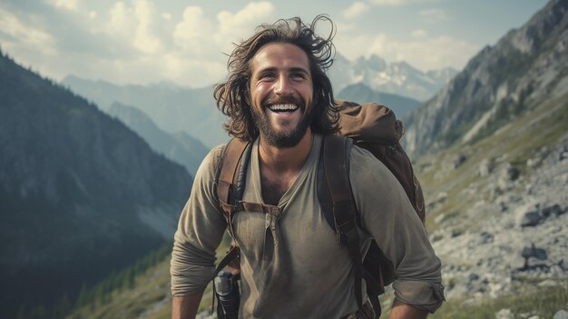 30 Jahre alte Männer, die wie Hipster gekleidet sind, laufen auf den Gipfeln der Berge, glücklich, lächelnd, mit starker Energie.