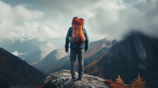 30 Jahre alte Männer, die wie Hipster gekleidet sind, laufen auf den Gipfeln der Berge, glücklich, lächelnd, mit starker Energie.