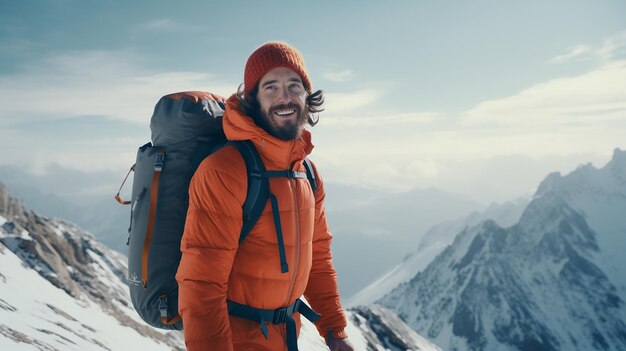 30 Jahre alte Männer, die wie Hipster gekleidet sind, laufen auf den Gipfeln der Berge, glücklich, lächelnd, mit starker Energie.