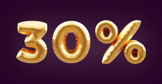 30 por cento dourado ilustração do balão 3d. ilustração 3d do balão dourado de trinta por cento. 30% balões dourados