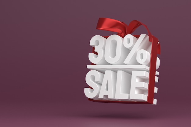 30% Verkauf mit Bogen und Band 3D-Design auf leerem Hintergrund