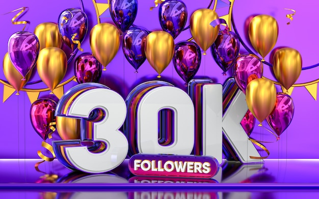 30k Follower Feier danke Social-Media-Banner mit lila und goldenem Ballon 3D-Rendering